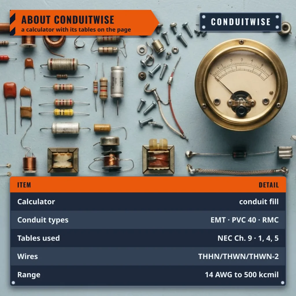 About Conduitwise: a conduit fill calculator for EMT, PVC 40 and RMC using NEC Chapter 9 Tables 1, 4 and 5 for THHN wires from 14 AWG to 500 kcmil