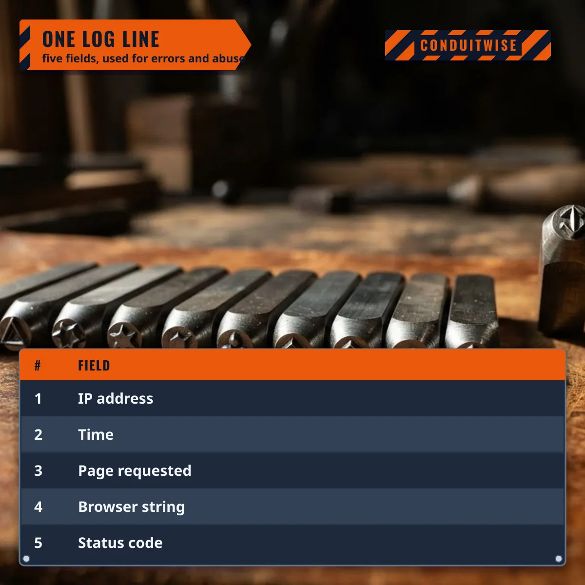 The five fields of a server log line: IP address, time, page requested, browser string and status code
