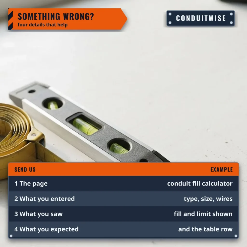 Four details to send when something is wrong: the page, what you entered, what you saw and what you expected
