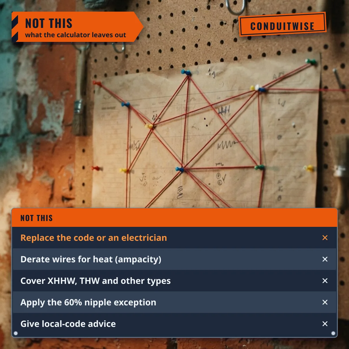 What Conduitwise does not do: replace the code or an electrician, derate wires, cover other insulation types or apply the 60 percent nipple exception